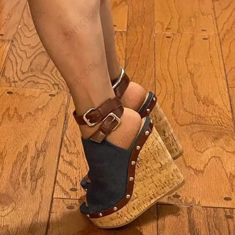 Rontic 2021 Moda Kadın Platformu Sandalet Denim Toka Çiviler Takozlar Topuk Peep Toe Zarif Mavi Gece Kulübü Ayakkabı ABD Boyutu 5-20