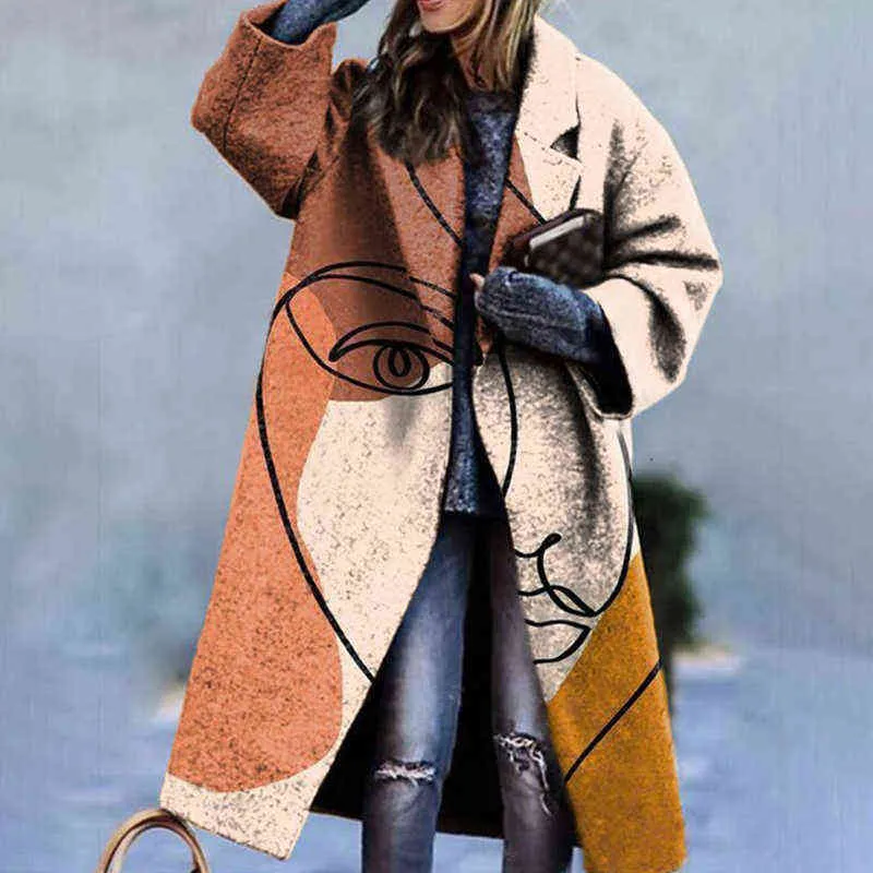 Invierno Casual Turndown Collar Patrón Abrigos Mujeres Elegante Retro Impreso Cardigan Abrigo Otoño Mezcla Lana Prendas de abrigo largas Mujer 211130