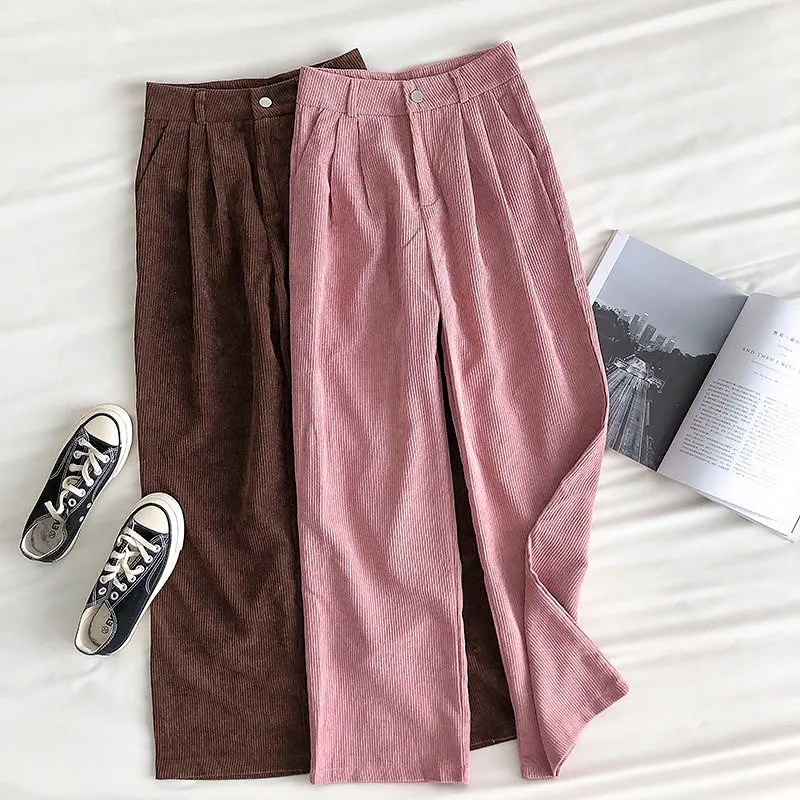 Höst Lazy Vintage Corduroy Casual Pants Kvinnors Vinter Koreanska Loose Drape Slim High Waist Wide Leg för Kvinnor 210420