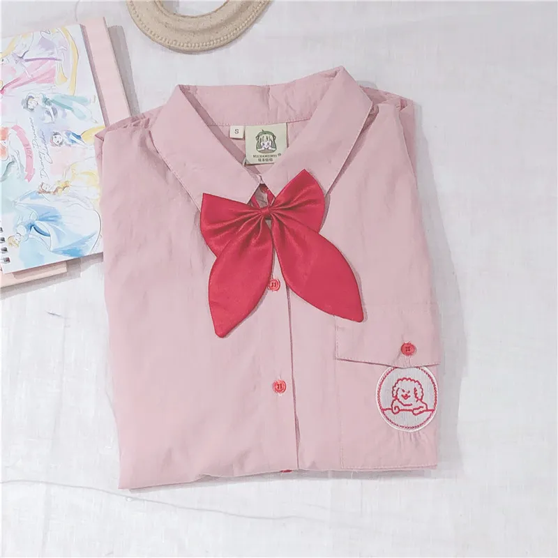 Lolita Shirt Autumn Women Blouse Bow Bandage Kawaii Pink Blouses Japanese Style Cartoon Embroidery Tops Blusas 23168 210519