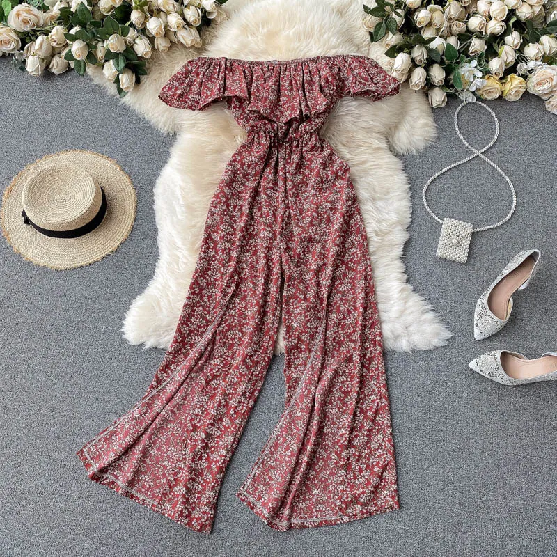 SINGREINY Women Boho Floral Rompers Sexy Slash Neck Sweet Ruffles Wide Leg Jumpsuits Summer Off Shoulder Split Vacation Rompers 210419