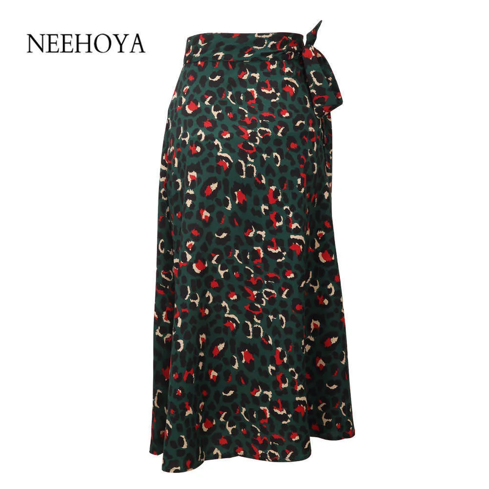 Sommar vintage leopard tryck långa kjolar kvinna mode kvinnor hög midja midi damer grön strand sexig wrap 210629