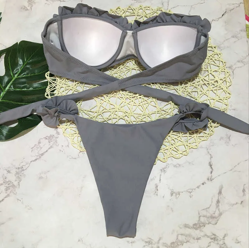 Acolchado Push Up Bikini Set Underwire Flower Ruffles traje de baño para mujeres Sexy sólido Bandeau mujer traje de baño verano Biquini 210629