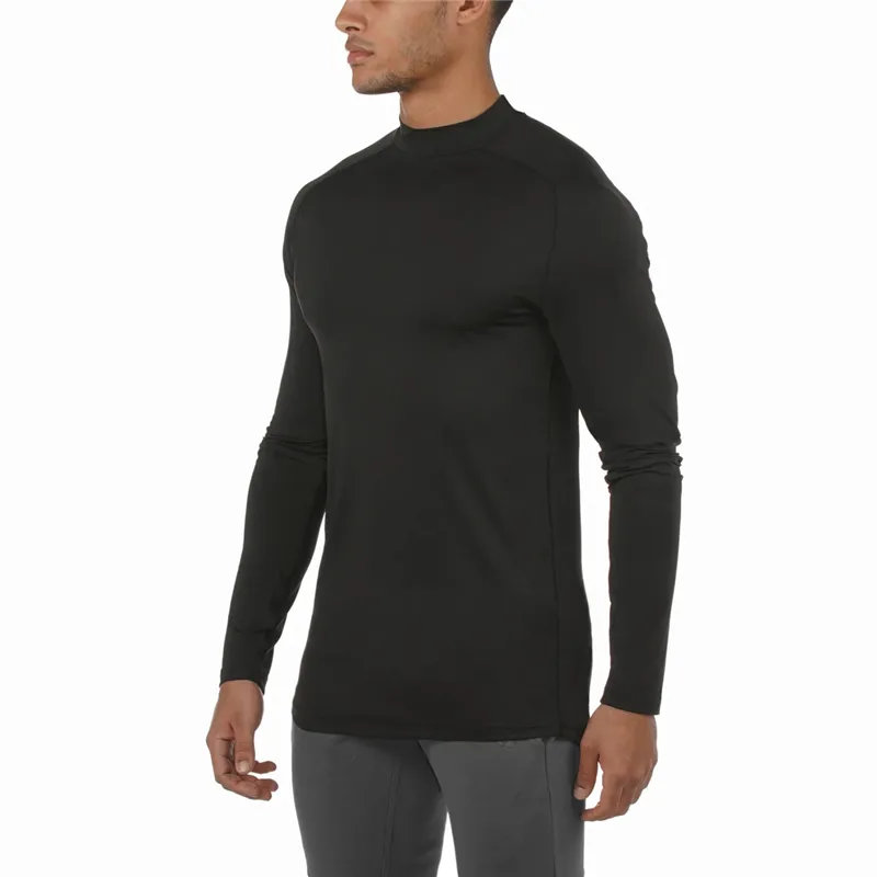 Academia de compressão Manga comprida Camisa Treino T Camiseta Homens Bodybuilding Roupa Apertado Mens de Fitness Homens Turtleneck Esportes T-shirt 210421