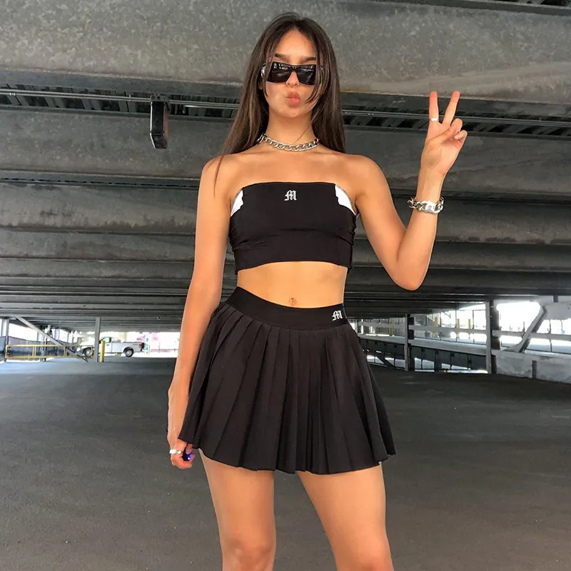 Casual Mini Pleated Skirts Letter Print High Waisted Short Skirt Summer Embroidery Skirt Y2K Women Ruched Sexy Skirt 210419