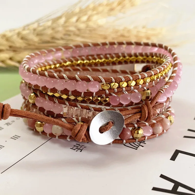 ST0101 Neue Design Frauen Armbänder Natürliche Rose Quarz Wrap Leder Armband Phantasie Handgemachte Femme Boho Armbänder322f