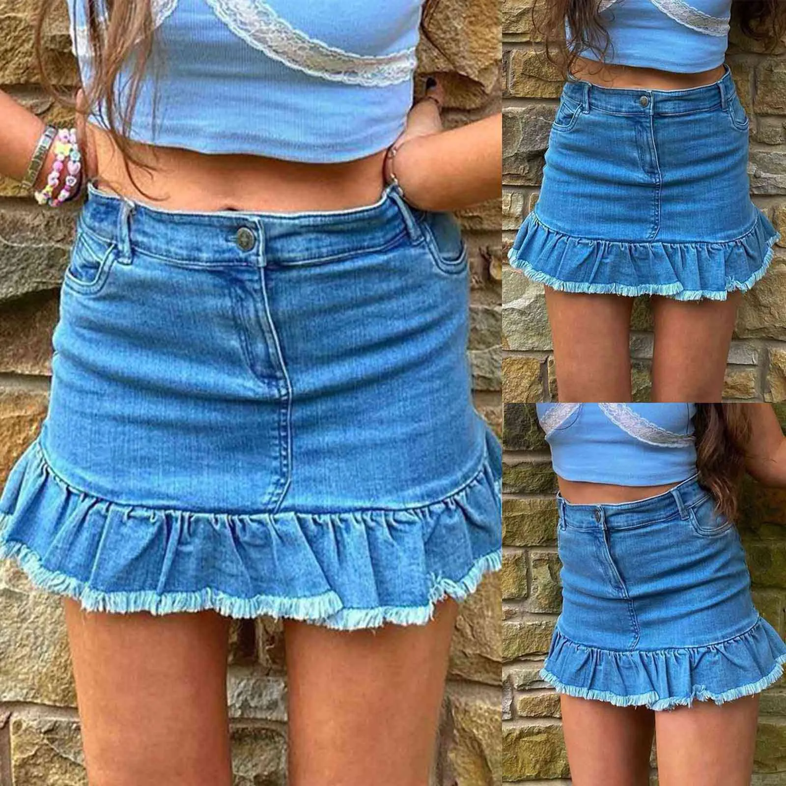 Harajuku Punk Denim Mini Pleated Skirt Ladies Summer High Waist Jeans Shorts Skirts Women Ruffles Fashion Korean Saia Faldas X0522