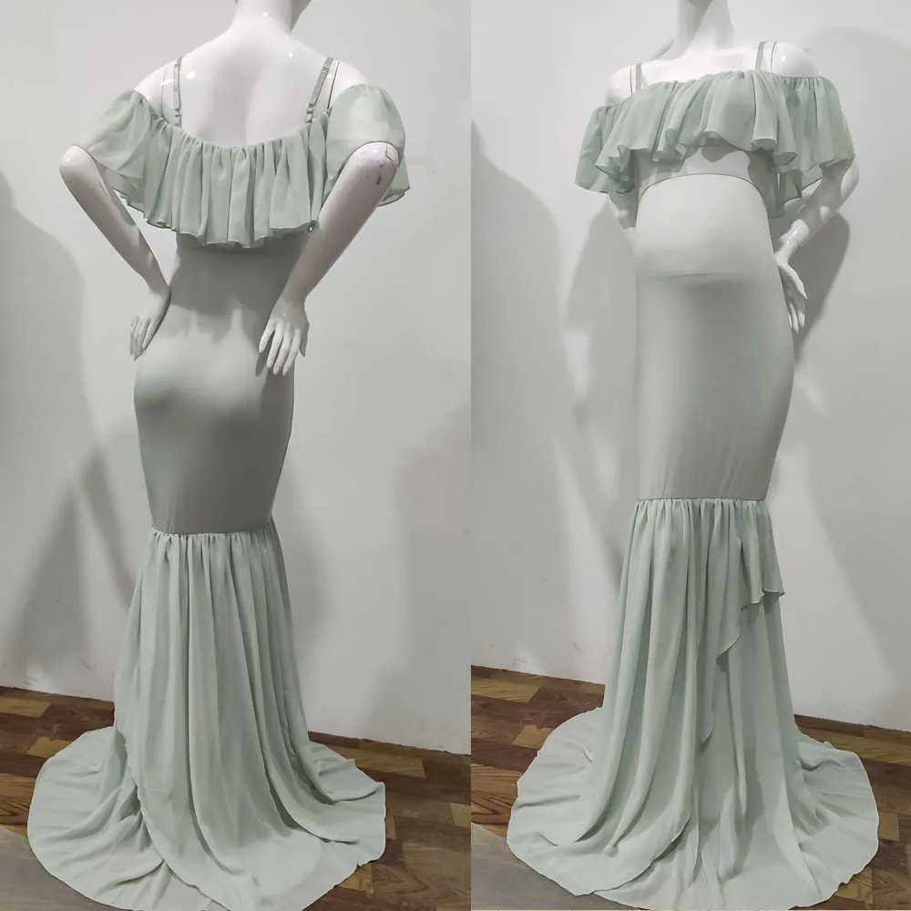 Europa och Amerika i sommar moderskap klänningar Ruffles baby duschar för fotografering chiffong fishtail lång kjol solid färg186 x0902