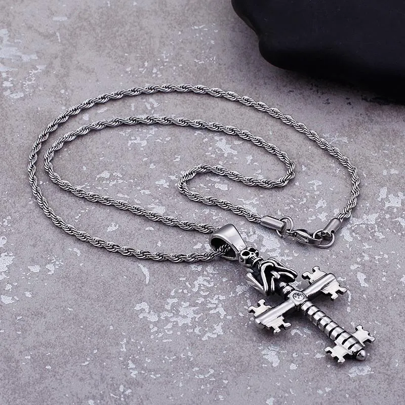 Colliers Punk avec pendentif crâne maléfique pour hommes, chaîne croisée en acier inoxydable, bijoux de motard gothiques, accessoires 202e