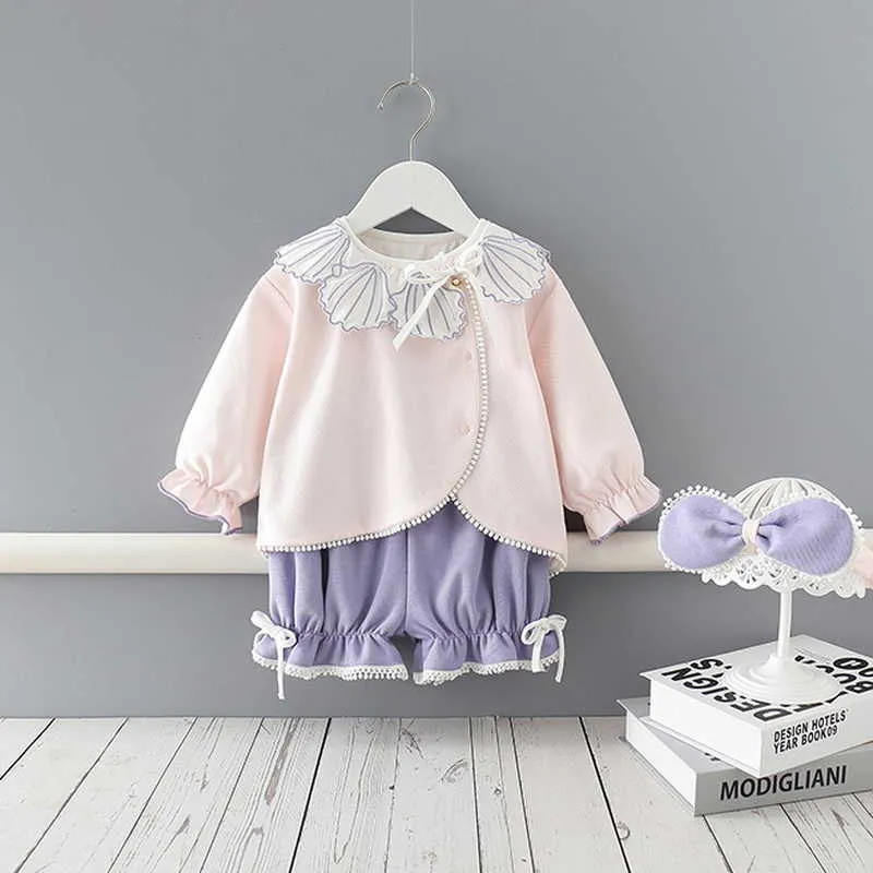 Primavera Bebê Meninas 2-PCs Conjuntos Long Slow Sleeves Shell Shell Top + Bow Shorts com Cabeçal Crianças roupas E9120 210610
