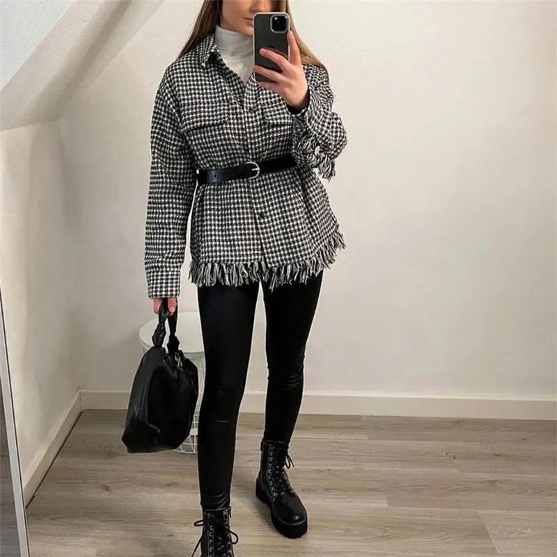 Casual femme lâche pied de poule gland chemise manteau Chic mode dames surdimensionné Plaid veste femme Streetwear Outwear 210515