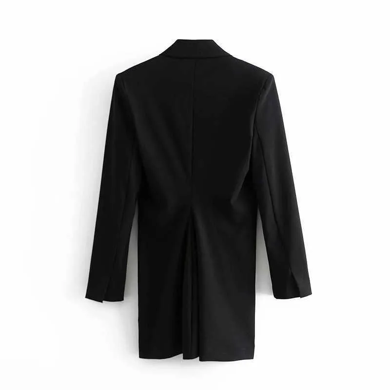 Za vintage svart blazer klänning kvinnor långärmad axelkuddar kontor dam klänningar kvinnlig chic framknapp wrap vestido 210602