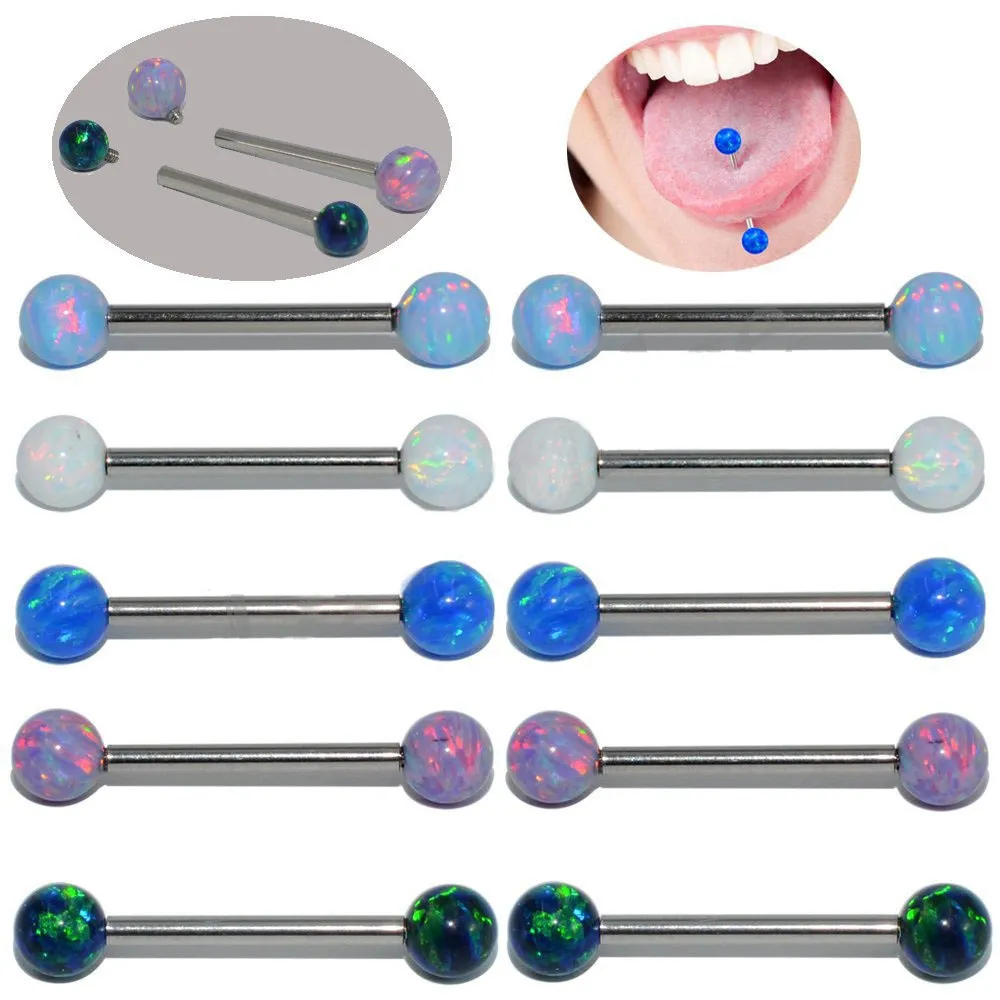 4 Stück lange industrielle Barbell-Ringe Opal Zunge Nippel Bar Titan Stahl Ohr Tragus Helix Piercings Mädchen Frauen Körperschmuck