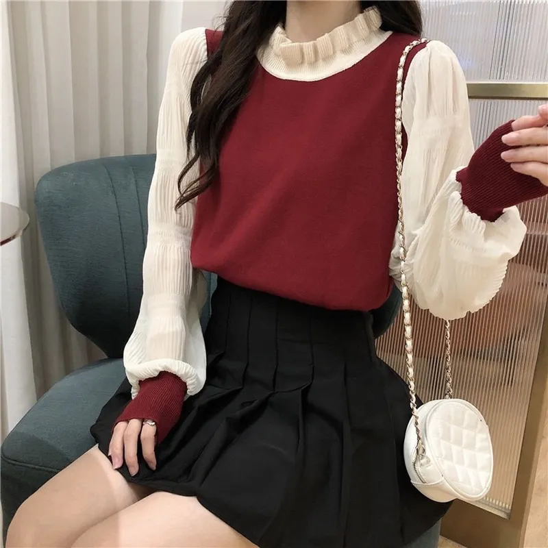 Кимутомо Японский стиль вязаный пуловер женщин поддельных двух частей издевательства с длинным рукавом тонкий свитер элегантный шикарный весна 210521