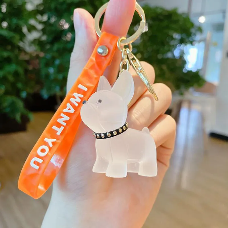 Mignon transparent transparent français clés en acrylique Animal chien porte-clés de portefeuille charme de sac à pain