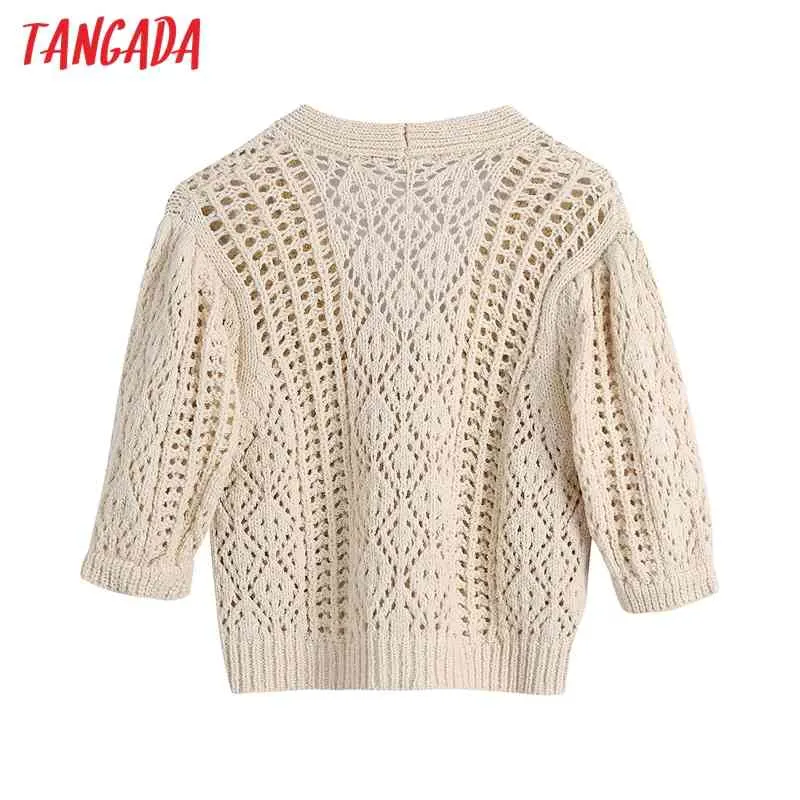 Femmes été évider Beige recadrée tricoté Cardigan Vintage col en V à manches courtes vêtements d'extérieur pour femmes Chic hauts BE545 210416