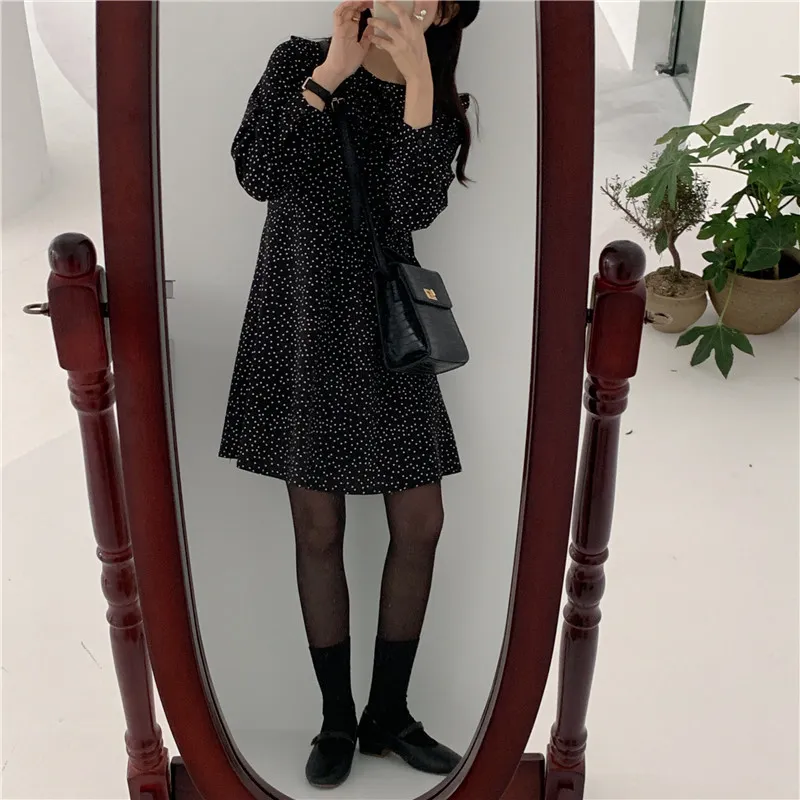 Jupe Femme Höst Kvinnors Klänning Koreanska Black Polka Dot A-Line Vestidos Långärmad O-Neck Söt Klänningar För Kvinnor 10840 210508