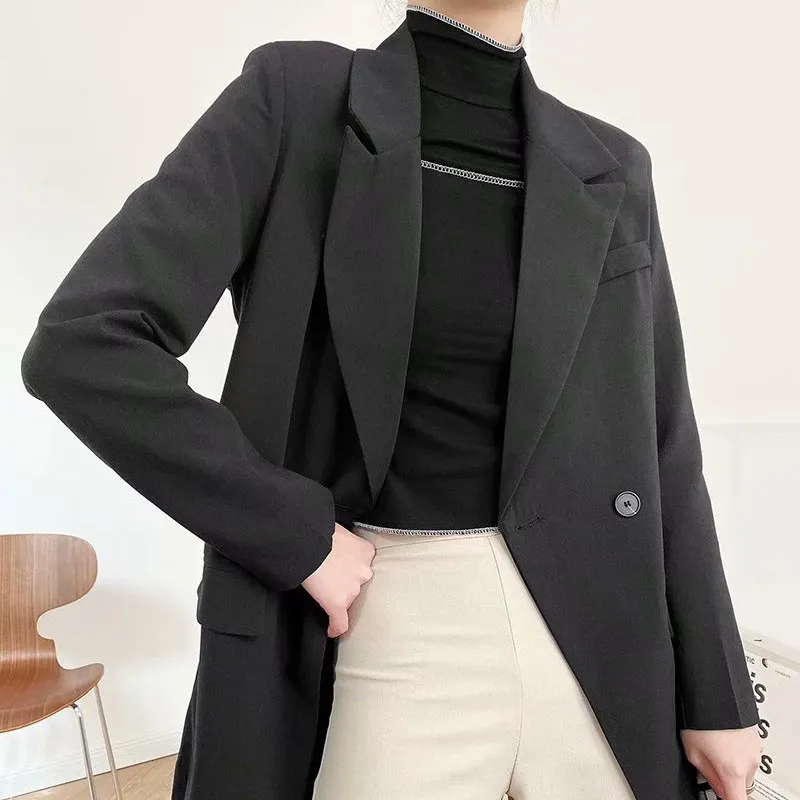 BLSQR Moda Donna Giacca nera Giacca doppio petto Manica lunga Tasca Office Lady Business Cappotto Donna Retro Top 210430