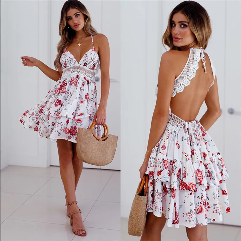 Isarose Summer Bohemian Dress 7 Kolory Lace-Up Backless Hollow Waist V Neck One-Piepe Vacation Party Lady Bandage Beach Suknie 210422