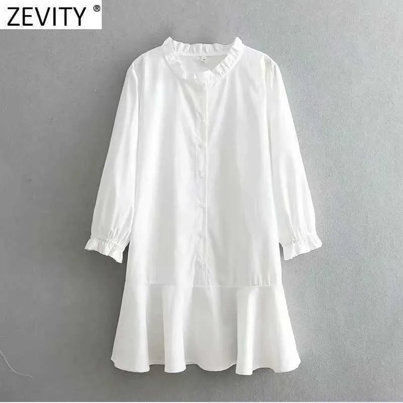 Zevity Femmes Agaric Dentelle O Cou Chemise Blanche Robe Femme Ourlet Patchwork Volants Casual Robe Chic Affaires Robes DS4801 210603