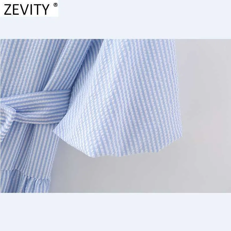 Zevity Women Vintage V Neck Striped Print Bow Tie Sashes Kneeth Dress Female Puff Sleeve Chic Business Party Vestido DS5057 210603