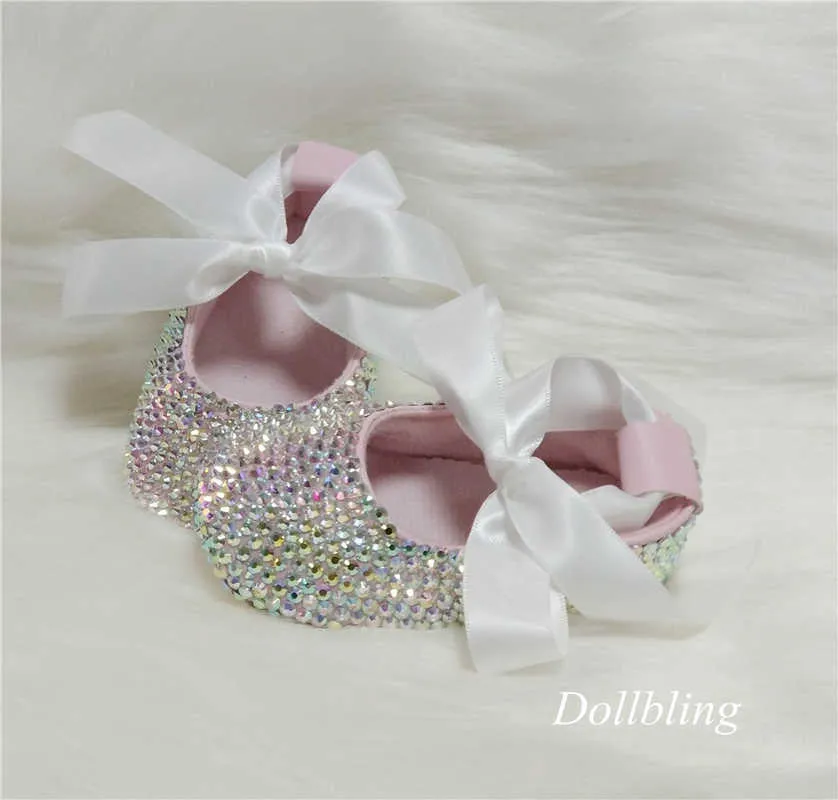 bowknot Custom Sparkle Bling cristais Strass Sapatos de bebê meninas infantil 0-1Y ribbon Sapatos de princesa First Walkers hairband 211021