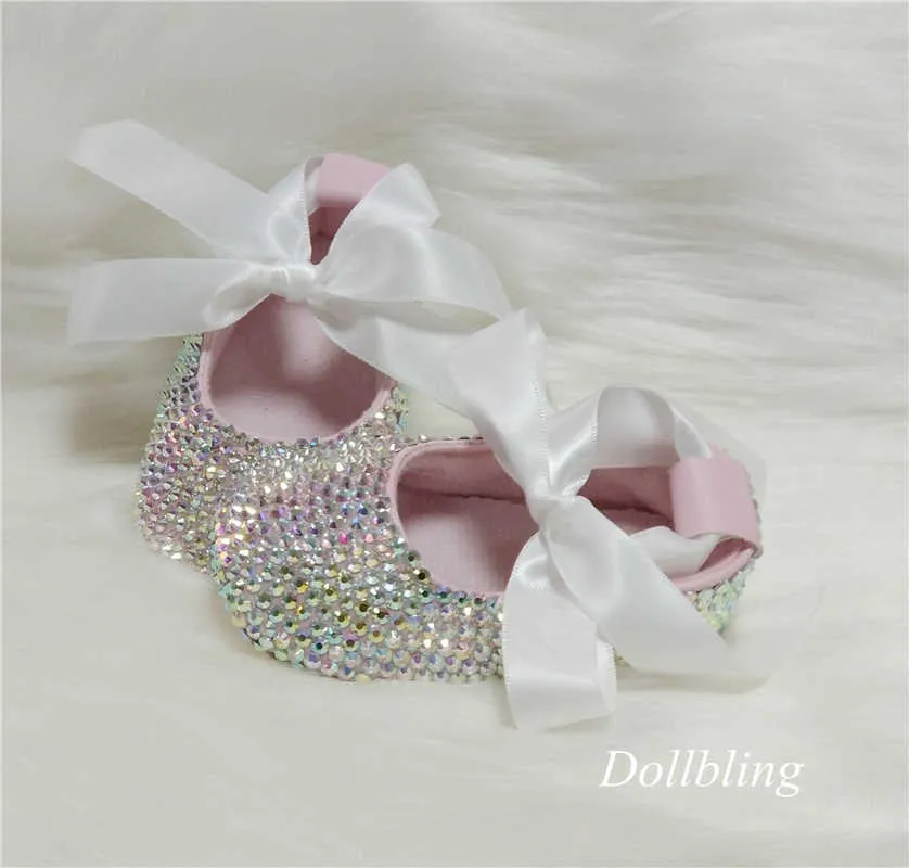 bowknot Custom Sparkle Bling crystals Rhinestones Baby girls shoes infant 0-1Y ribbon Princess shoes First Walkers hairband 211021