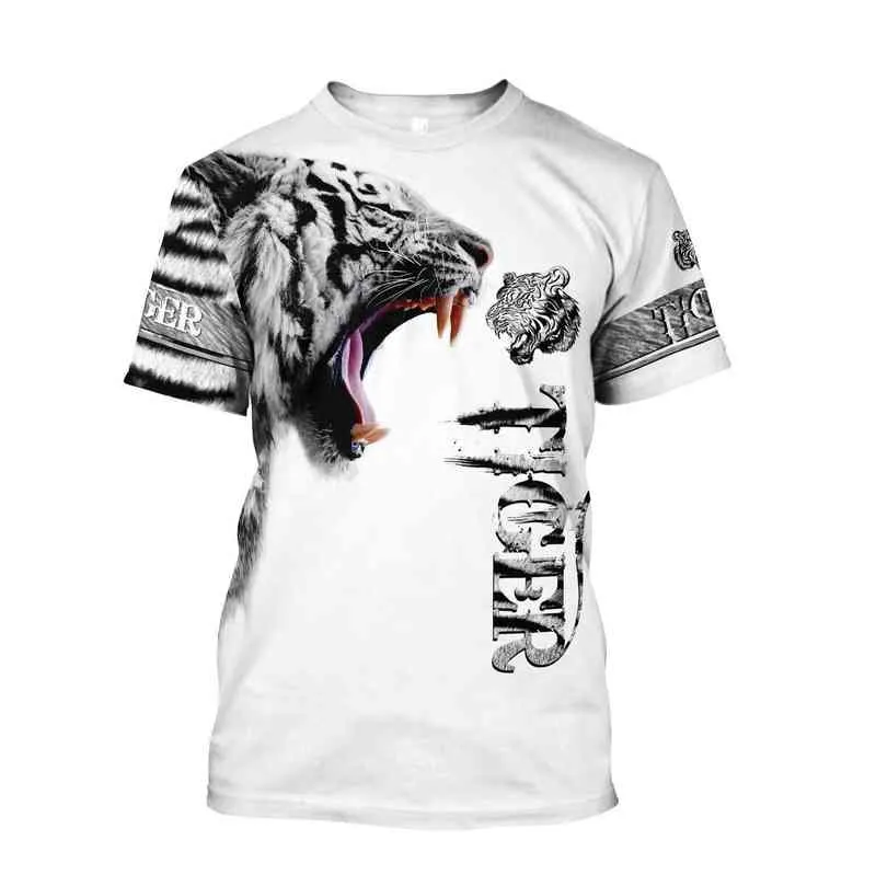 2021 Verão Homens T-shirt Premium Tiger Pele 3D Impresso T-shirt Harajuku Casual Manga Curta T-shirt Unisex Tops QDL014 Y220214