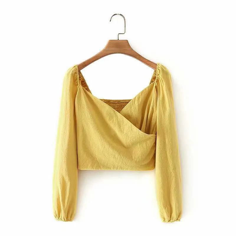 HSA vrouwen zomer top lange mouw ruches vintage blouse met puff mouwen vaze dames tops bandage crop tops paars shirt 210716