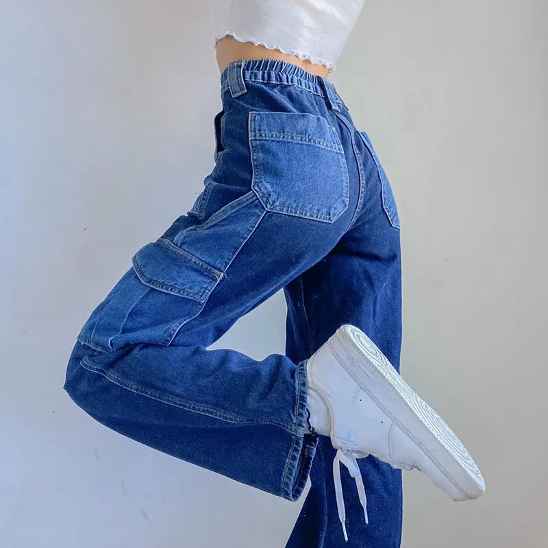 Ezgaga Dames Jeans Pockets Patchwork Contrast Streetwear Denim Joggers Losse Hoge Taille Jeans Hip Hop Broek Dames Broek 210430