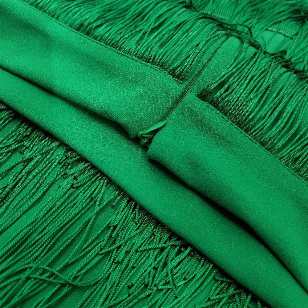 2021 Spring Green Fringe Bodycon Ołówek Spódnica Tassel Wysoka Talia Kobiety Stretch Sheath Długość Midi Długość Szczupła MI886 x0428