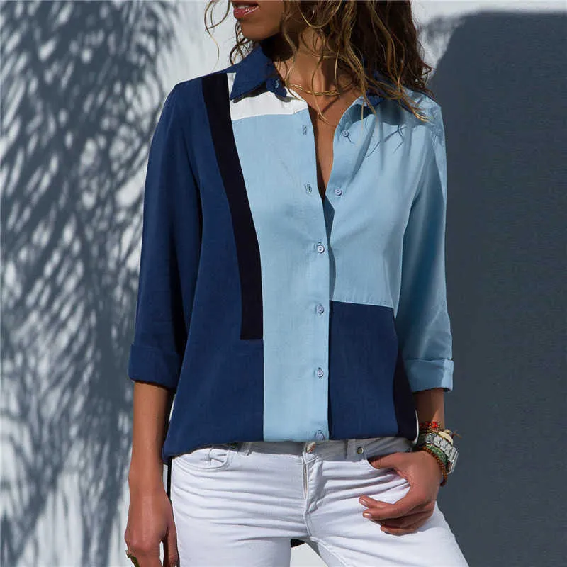 Letnia Moda Drukuj Kobiety Bluzki Z Długim Rękawem Turn-Down Collar Bluzka Koszula Casual Topy Plus Size Elegancka koszula robocza 210608