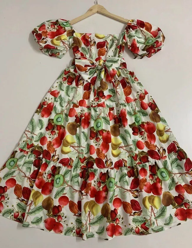 Obst Blume gedruckt Puffärmel Sommer Urlaub Kleider für Frauen Luxus hohe Qualität Hit Farbe weibliche Robe Boho 210421