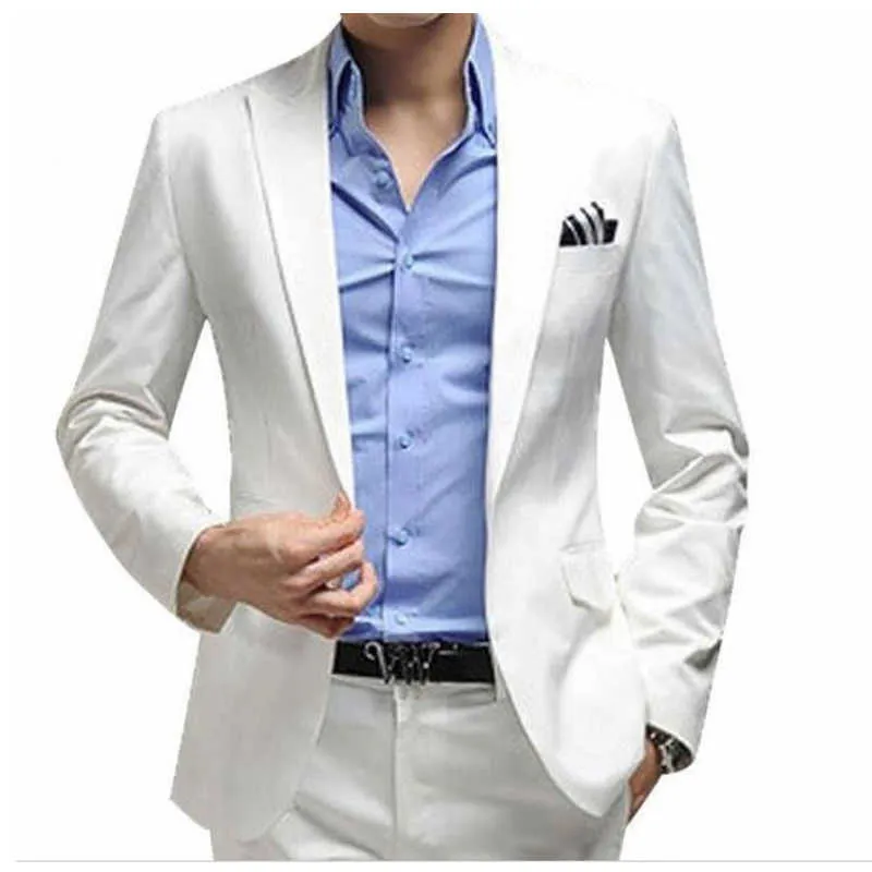 Vit Casual Wedding Suits Slim Fit Groom Tuxedo Man Fashion Blazer med byxor Peaked Lapel Custom Costume 2021 x0909