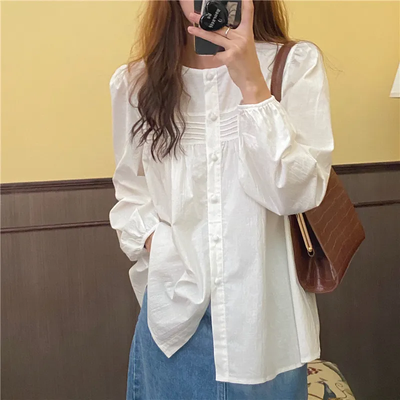Camicetta coreana dolce bianca Moda donna Taglie forti Camicia cardiagn Harajuku Camicia casual a maniche lunghe 11670 210512