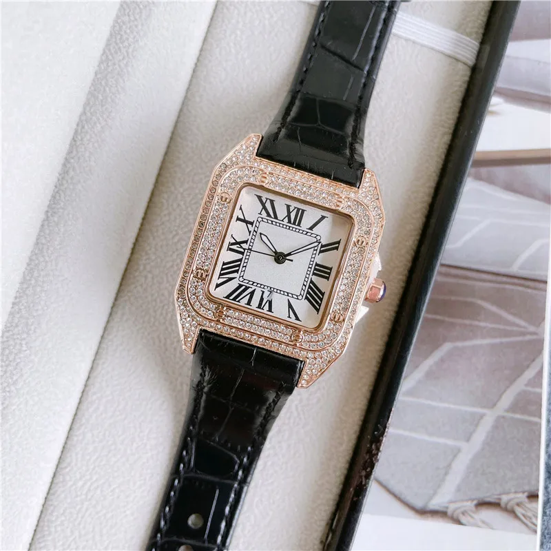 Marque de mode Regarde des femmes Girl Square Crystal Style High Quality Cuir Strap Wrist Watch CA57274N