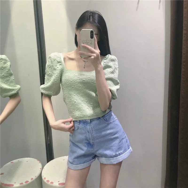 Groene Crop Top Vrouwen Jacquard Gebreide Cropped Vrouw Trui Mode Vierkante Neck Short Puff Sleeve Summer 210519