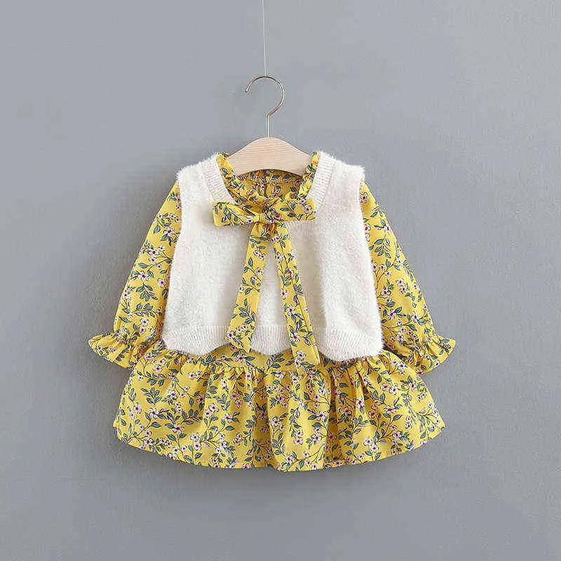 LZH Infant Party Dress New Autumn Winter Baby Velvet Vest + Długi rękaw Kwiatowy Druku Sukienka Dla Baby Princess Sukienka Noworodka Ubrania G1129