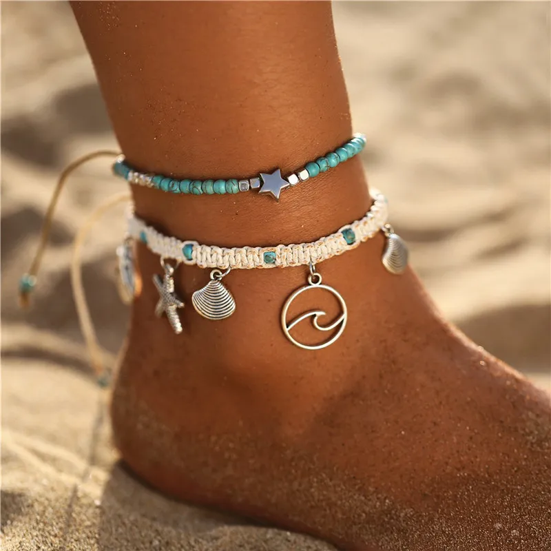 Bracelets de cheville en coquillage d'étoile de mer pour femmes, multicouches, océan, plage, étoile, tortue de mer, bijoux de pied et de jambe, à la mode, été, 2021