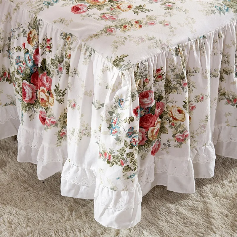 Top Floral Printed Ruffle Bed Skirt Bedspread Mattress Cover 100% Satin Cotton Bedcover Sheet Princess Bedding Home Textile Bedclo239y