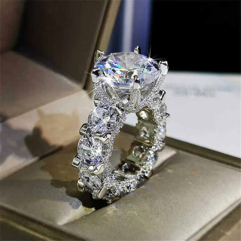 Cocktail espumante jóias de luxo 925 prata esterlina grande corte redondo branco topázio cz diamante promessa feminino casamento banda ring6786350