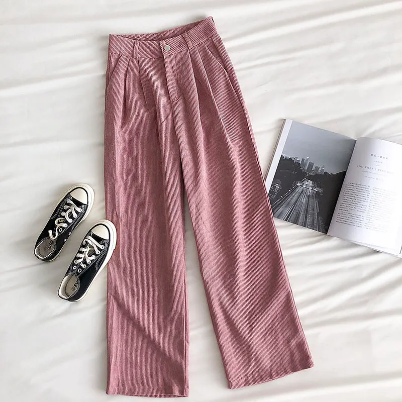 Höst Lazy Vintage Corduroy Casual Pants Kvinnors Vinter Koreanska Loose Drape Slim High Waist Wide Leg för Kvinnor 210420