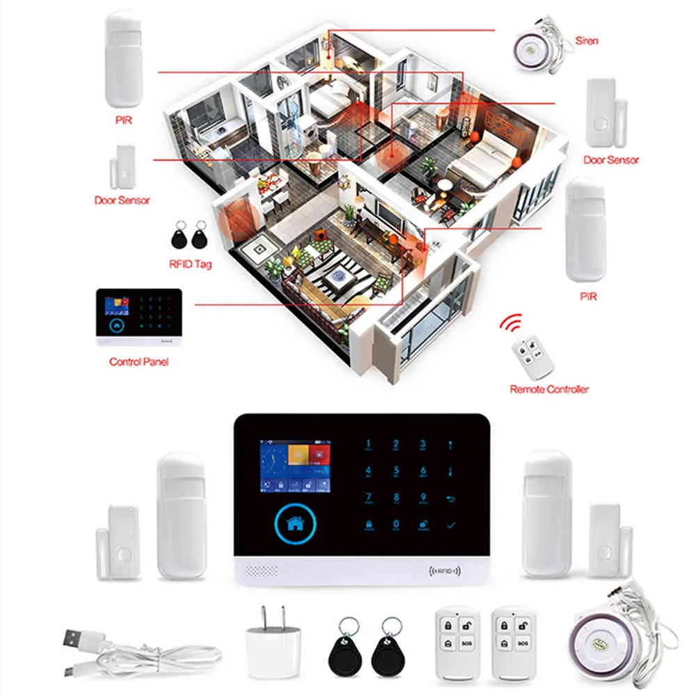 PGST PG103 Draadloze Home Inbreker Beveiliging LCD Touch Keyboard SIM GSM Alarm Systeem Sensor Kit App Afstandsbediening TUYA SMART LIFE LEVEN