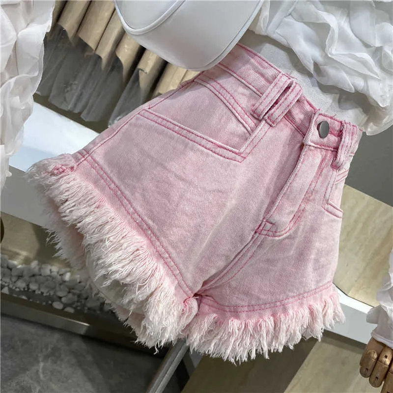 Jeans Women Summer High Waist Pink Tassel Denim Shorts Wide Leg Wild Streetwear Baggy Pantalones Vaqueros Mujer Retro 210720