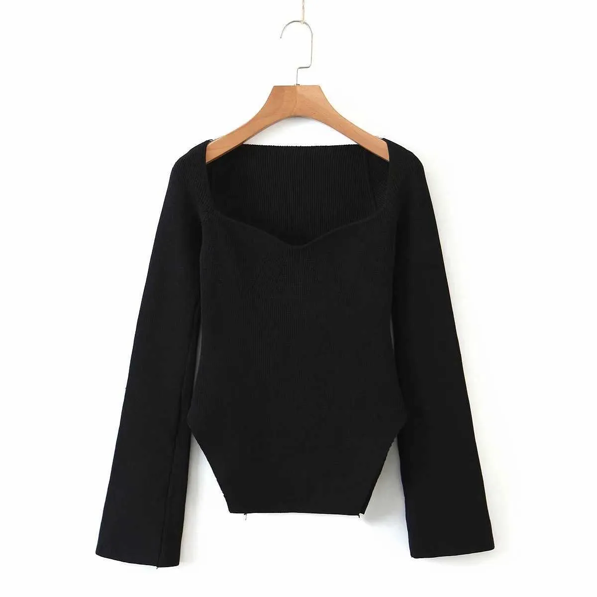 Francuski Elegancki Seksowny Kwadratowy Krzywa Odchudzająca Obrzęk Split Stylu Sweter Casual Top Jesień Zima Czarny Pulower Solid Jumper Knit 211007