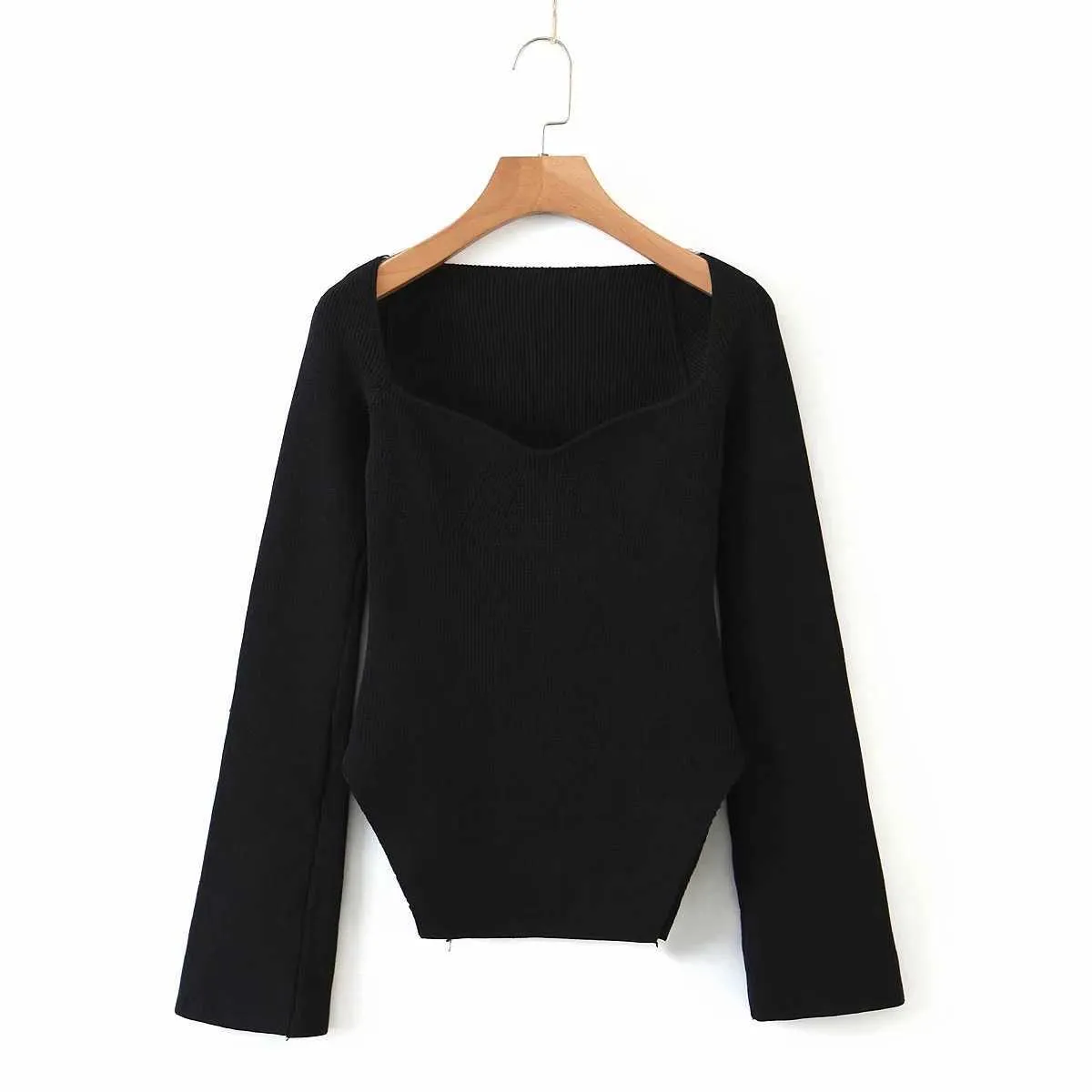 French elegant sexy square slimming curve hem split solid sweater Casual Top Autumn Winter Black Pullover Solid Jumper Knit 211007