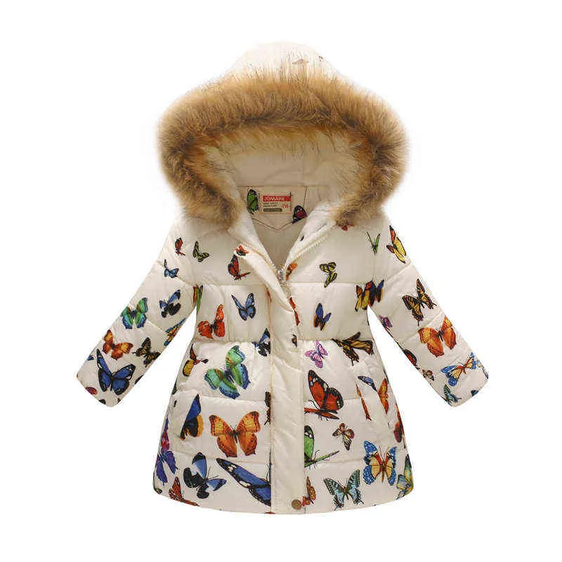 Thicken Winter Girls Jackets Fashion Printed Hooded Outerwear For Kids Internal Plus Velvet Warm Coats Christmas Present 211203
