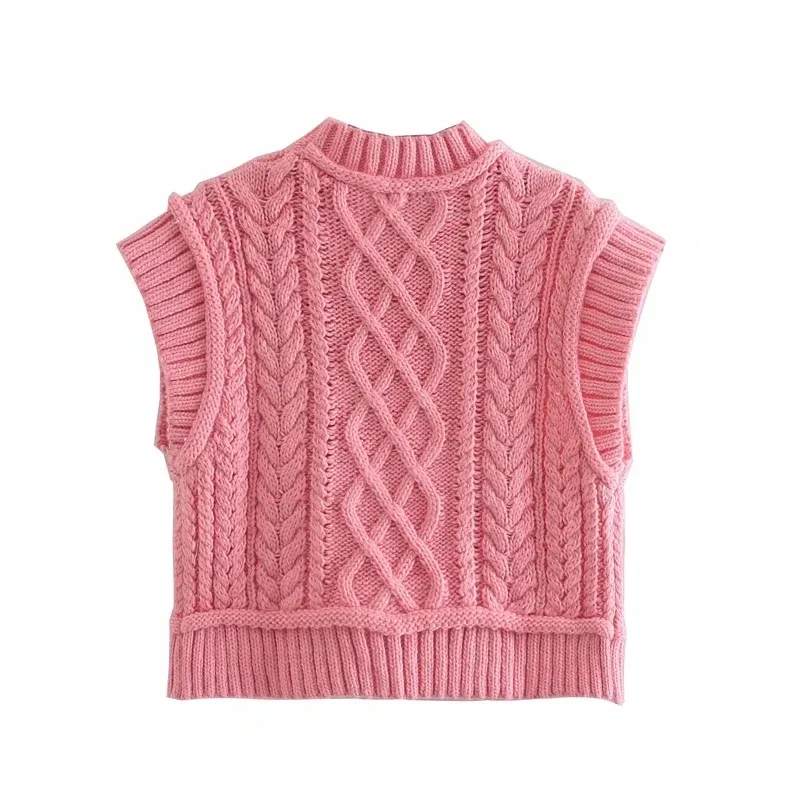 Rose torsadé pull gilet femmes Vintage col haut sans manches recadrée femme mode mignon s hauts 210519