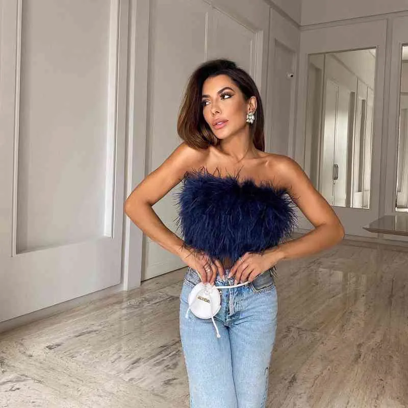 2022 Fashion Women Sexy Furry Tops Camis Women Casual Tank Tops Vest Sleeveless with Real Ostrich Feather Bro Tunic 220207