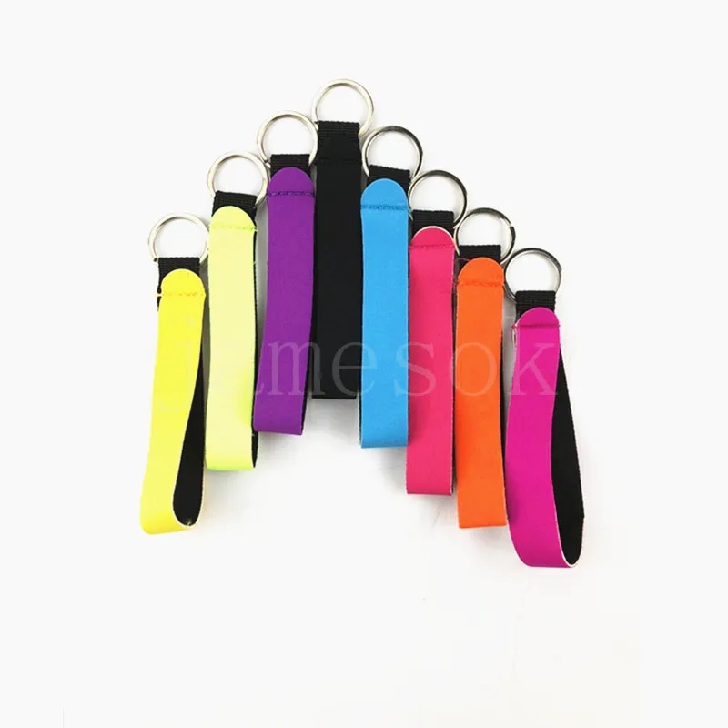 Party Favor Solid Color Neoprene Wristlet Keychains Lanyard Strap Band Split Ring Key Chain Holder Hand Wrist Keychain Festive Favors
